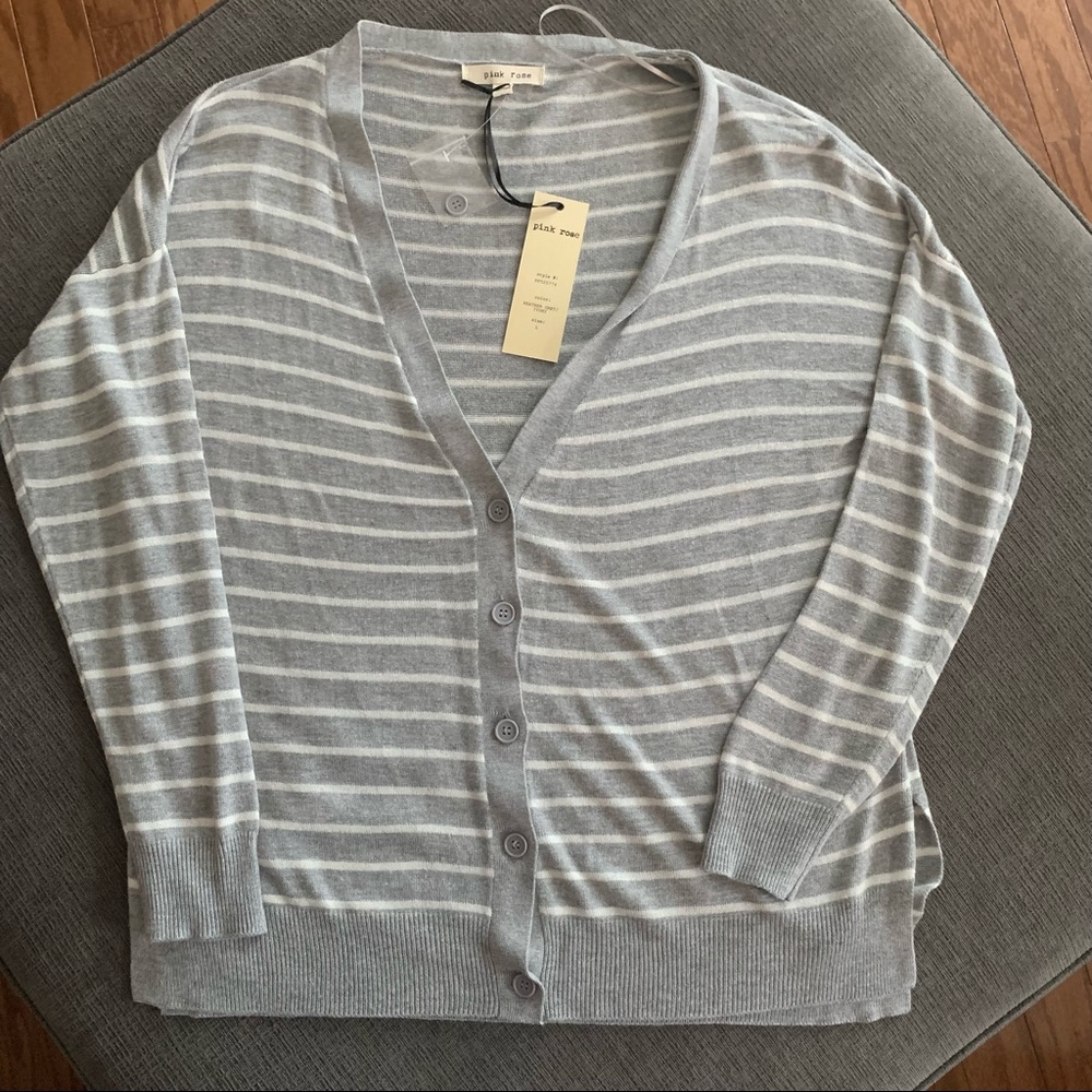 NWT PINK ROSE grey/white stripe Sz L Soft Cardigan